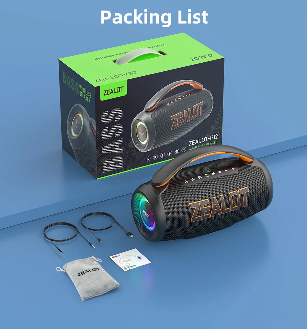 zealot-P12 Lautsprecher 60W Bluetooth-Lautsprecher Tragbarer Lautsprecher mit 10 Stunden Spielzeit, Tragegriff, für Camping, Party, TWS, AUX