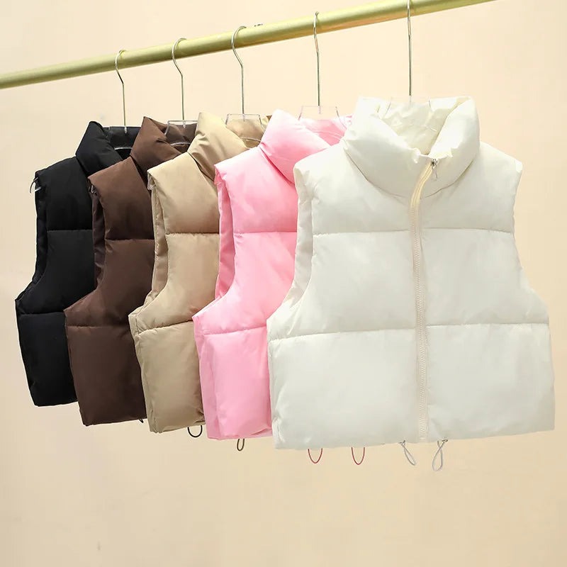 Winter Kurze Daunen Weste Damen Warmer Stehkragen Reißverschluss Jacke Freizeit Mode Gesteppte Cropped Mäntel Street Outerwear Hauptbild