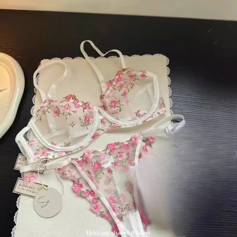 Europäische Frauen verführerischer transparenter BH mit Spitzenstickerei und Bügel, Minimizer für große Brüste, Anti-Sagging, weiche Dessous, S-XL BH-Set