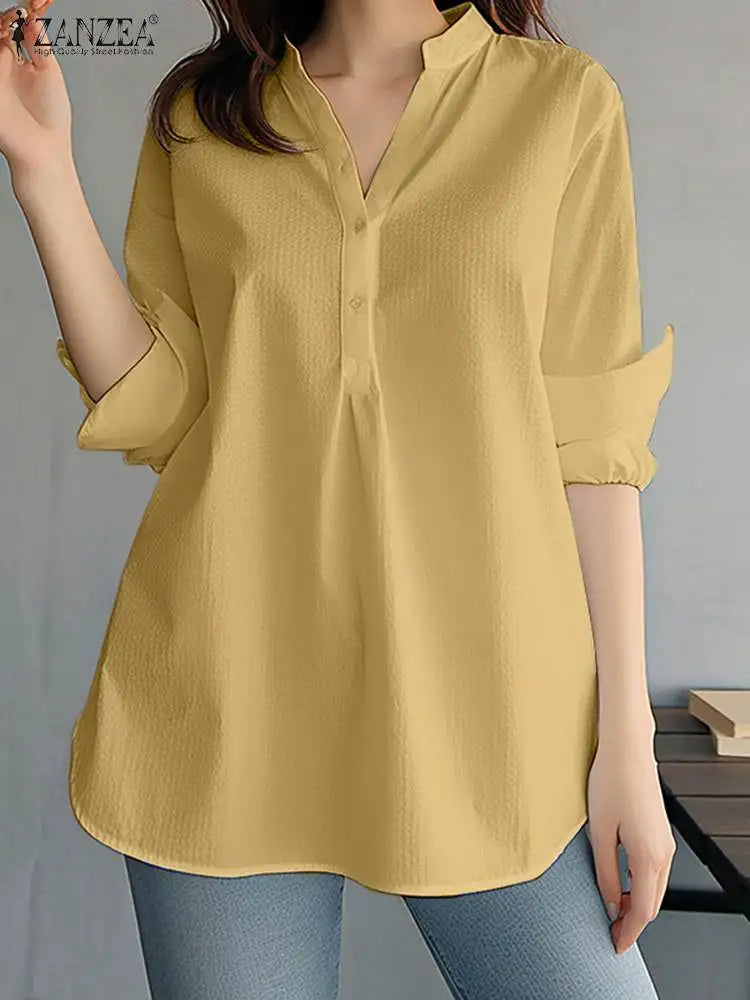 ZANZEA Damen Mode Weiße Hemden Lässig Weite Button-Down-Blusen 2024 Sommer Büro Bluse Koreanische OL V-Ausschnitt Langarm Tuniken