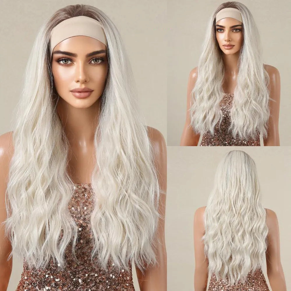 ALAN EATON Lange blonde synthetische Stirnbandperücke Ombre Blond glattes Haar Perücken natürlich aussehend Hitzebeständige Faser für den täglichen Gebrauch