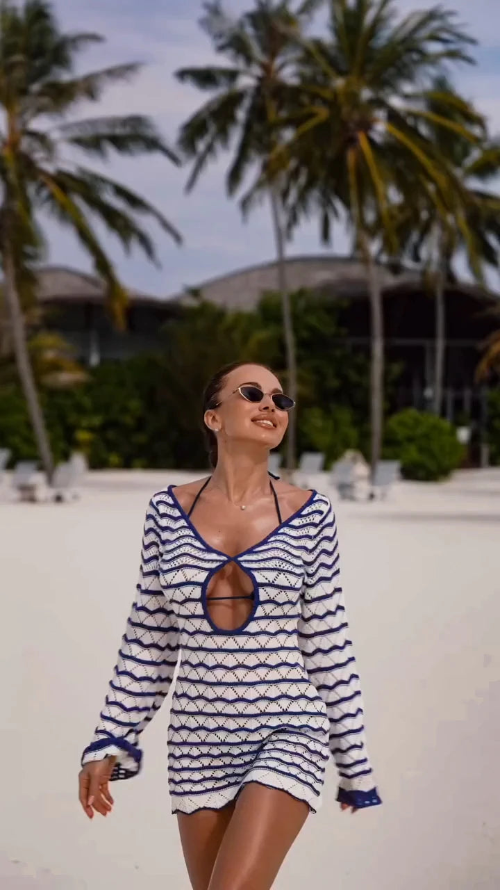 Sexy Boho Striped Chic V-neck Cut Out Bell Sleeve Knit Beach Mini Dress 2026 Summer Women Seaside Holiday Swimsuit Cover Up K123