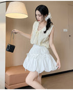 Süße Schleifen Plissierte Flauschige Röcke für Damen Sommer Koreanischer Stil Elastische Taille Laternenrock Damen Lockerer Weißer A-Linien Minirock