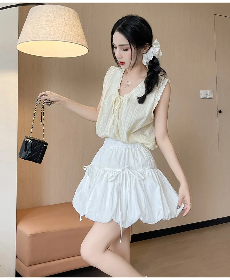 Süße Schleifen Plissierte Flauschige Röcke für Damen Sommer Koreanischer Stil Elastische Taille Laternenrock Damen Lockerer Weißer A-Linien Minirock