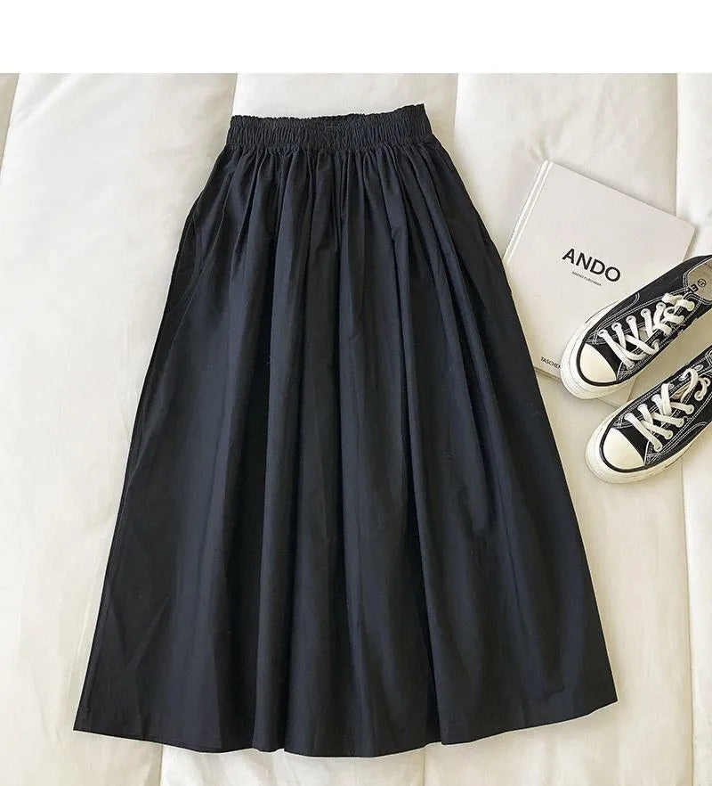 Damen Schwarzer Rock Midi High Waist Korean Style Plissiert A-Linie Vintage Kleidung 2026 Neue Sommer Casual Mode Damen Arbeitskleidung