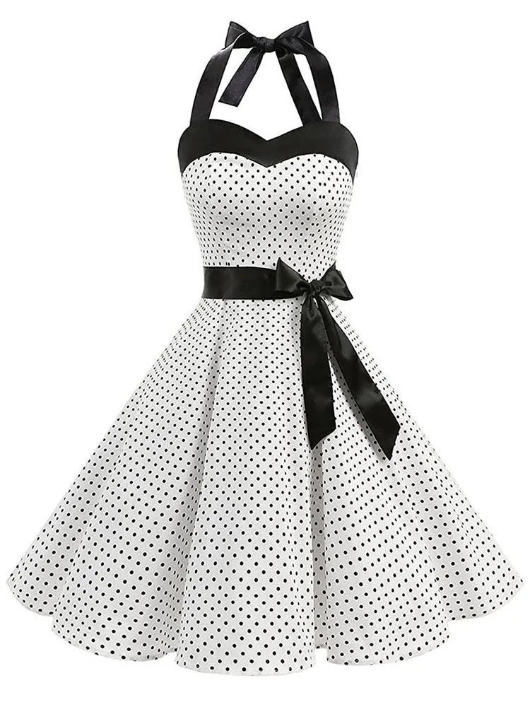 Damen Sommerkleid mit Polka-Dot-Print, sexy Retro weißes Neckholder-Kleid, Vintage-Kleid, Robe Femme Pin Up Rockabilly Partykleid Hauptbild