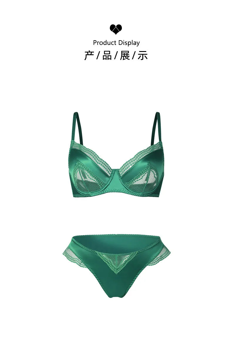 Sexy französisches Satin-Spitzen-Dessous-Set für Damen mit großer Oberweite, transparenter, schmaler Brustbereich, ultra-dünnes Sommer-BH-Set mit kleinen Cups, S-XL