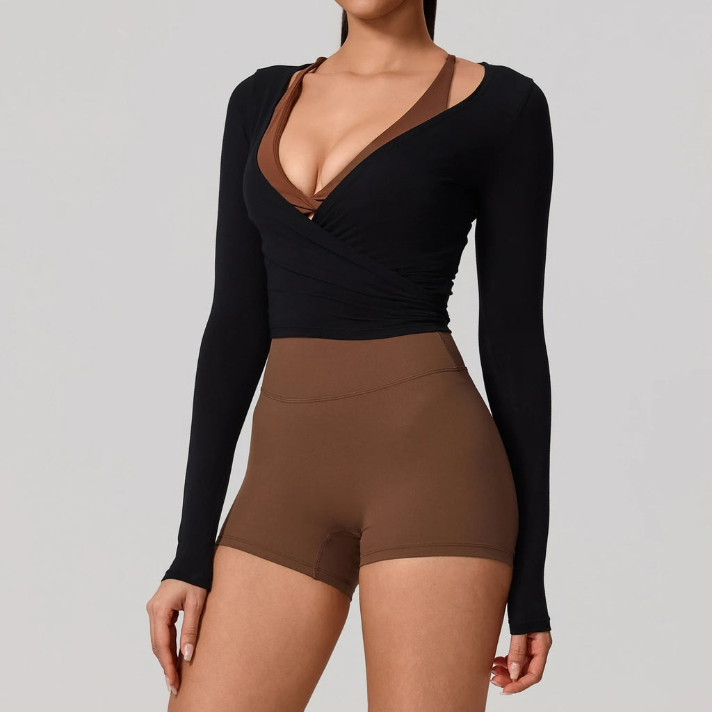 Neue Sommer Damen Yoga Langarm Einteiler Träger Yoga Kleidung Weibliches Training Premium Ballett WickeloberteileFrauen Fitness Sport Top