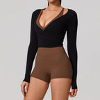 Neue Sommer Damen Yoga Langarm Einteiler Träger Yoga Kleidung Weibliches Training Premium Ballett WickeloberteileFrauen Fitness Sport Top