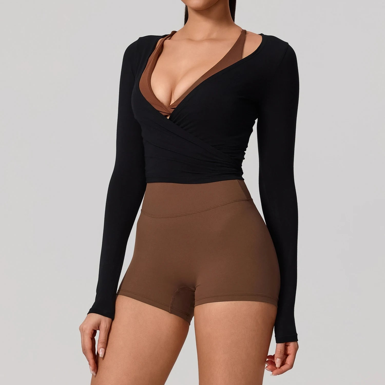 Neue Sommer Damen Yoga Langarm Einteiler Träger Yoga Kleidung Weibliches Training Premium Ballett WickeloberteileFrauen Fitness Sport Top