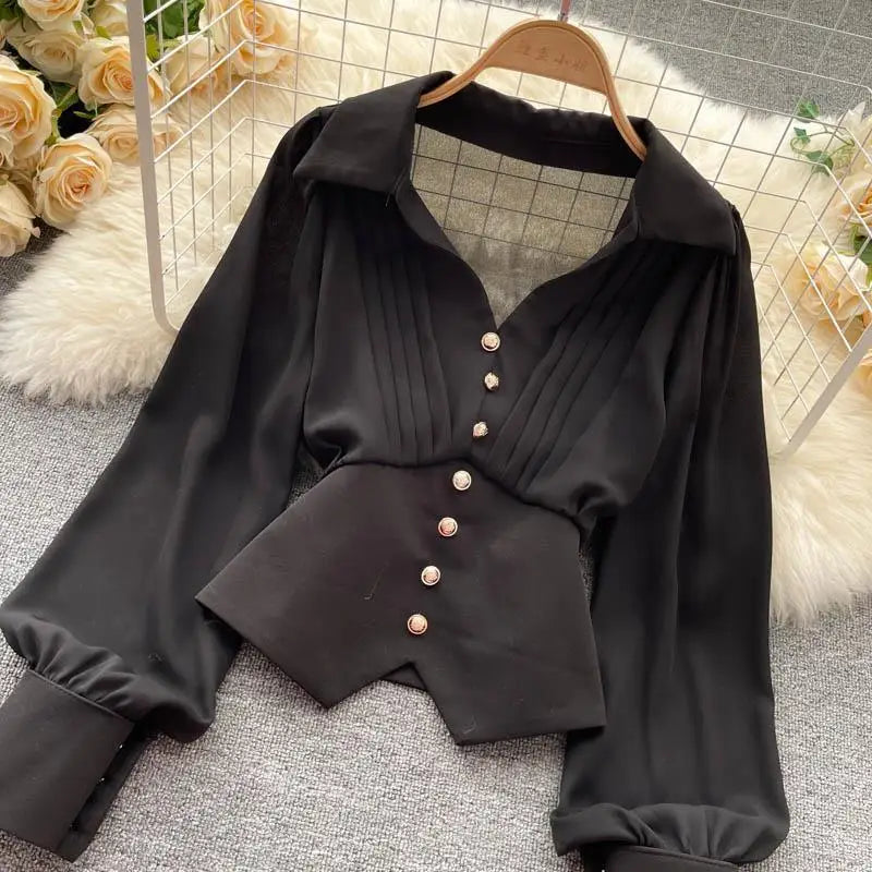 Weiße Freizeit Bluse mit Polokragen Knopfleiste Puffärmeln Geradem Schnitt für Damen Kurzarm Hemd Weibliche Kleidung Oberteile 2024 Mode Zweitbild