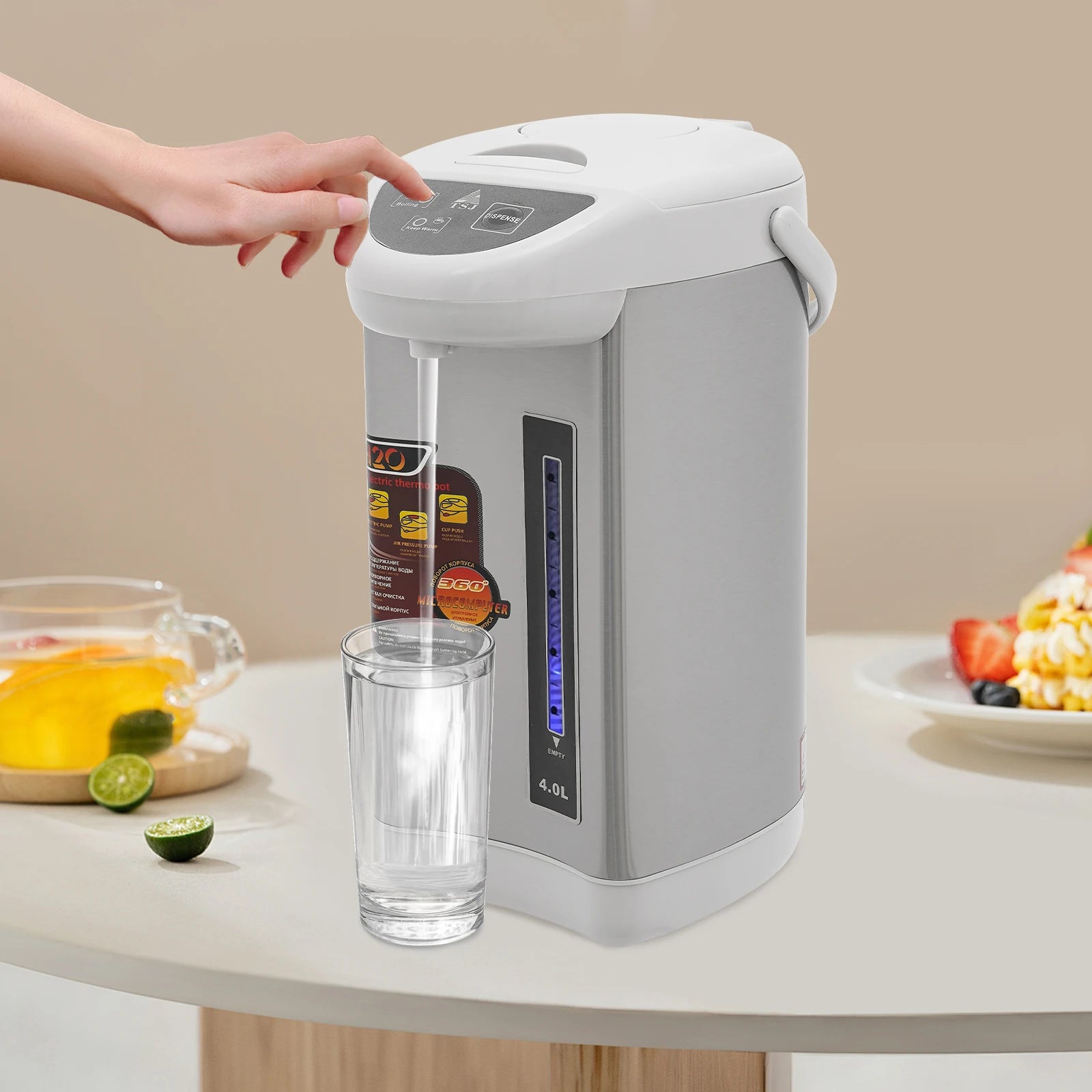 4L elektrischer Wasserkocher & Wärmer, 750W Edelstahl Heißwasserspender mit 3 Ausgabemodi, 90°C Warmhaltefunktion Hauptbild
