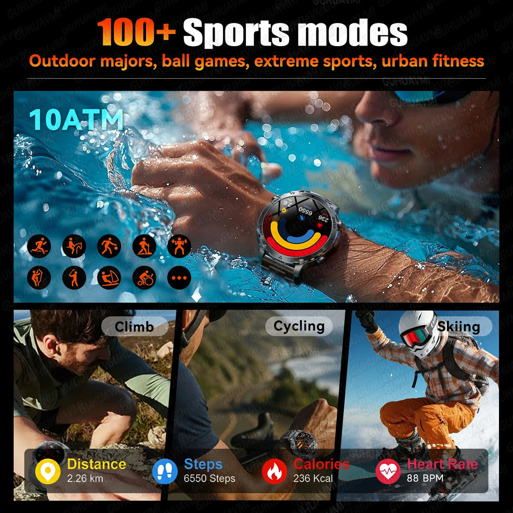 2026 Neue TANK Ultra 1400mAh Akku Militär Smartwatch 10ATM Wasserdicht Herzfrequenz Taktische LED Taschenlampe Herren Sportarmband