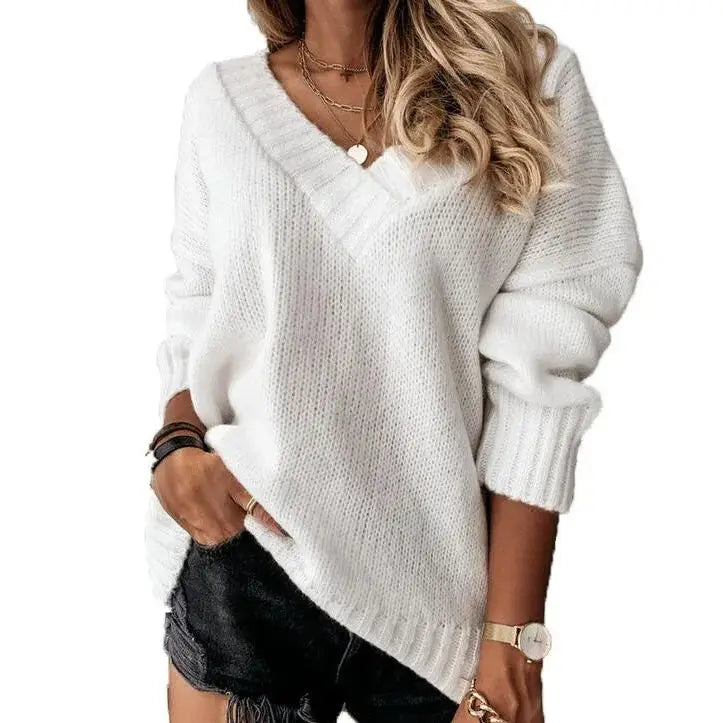 Modischer Freizeit-Damenpullover für Herbst und Winter, einfarbig, V-Ausschnitt, Langarm-Pullover, Strickoberteil für den Export
