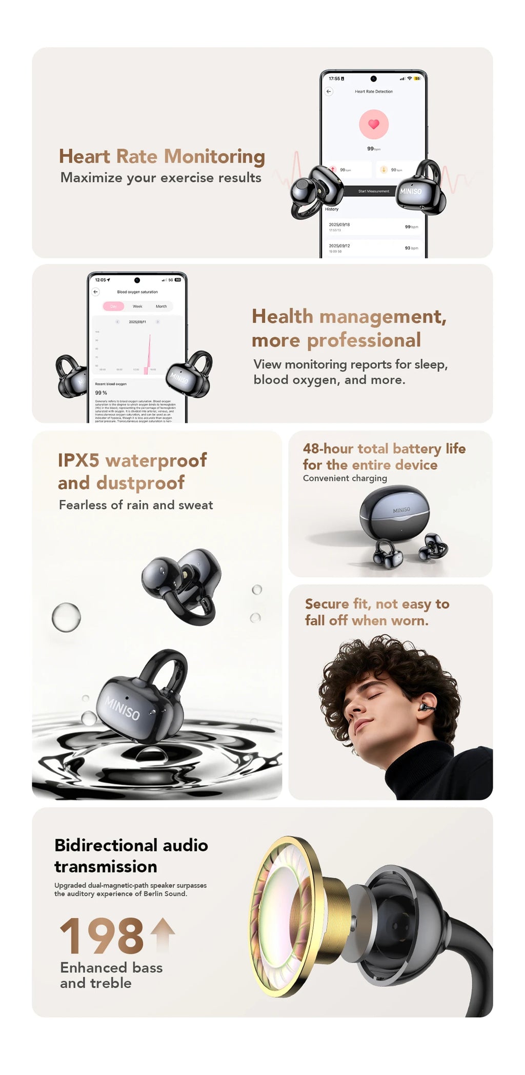 MINISO MS503 Kabellose Bluetooth-Kopfhörer KI-Übersetzungs-Ohrhörer Outdoor-Sport-Kopfhörer Klarer Klang Kopfhörer Weich Bequem