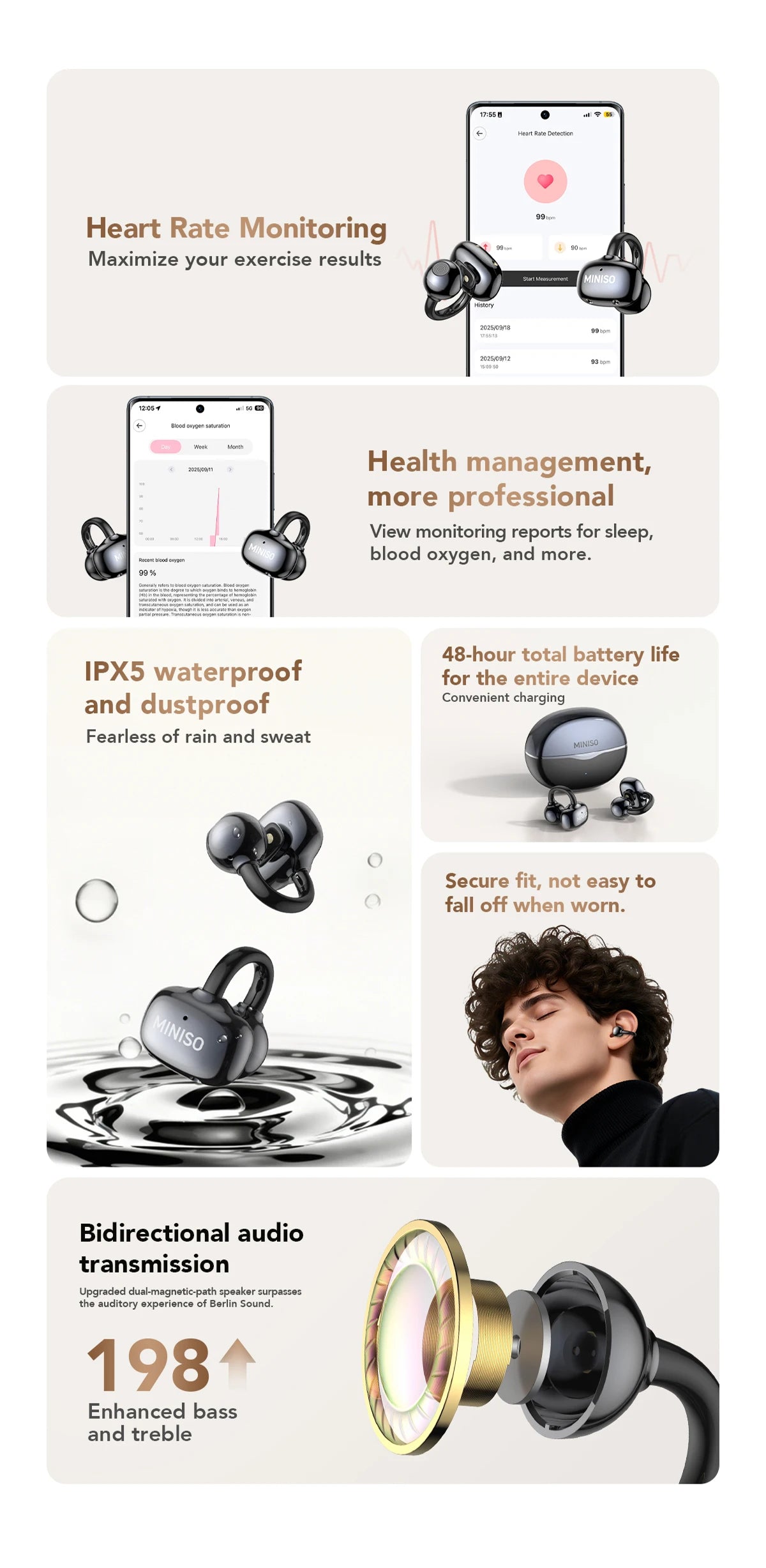 MINISO MS503 Kabellose Bluetooth-Kopfhörer KI-Übersetzungs-Ohrhörer Outdoor-Sport-Kopfhörer Klarer Klang Kopfhörer Weich Bequem
