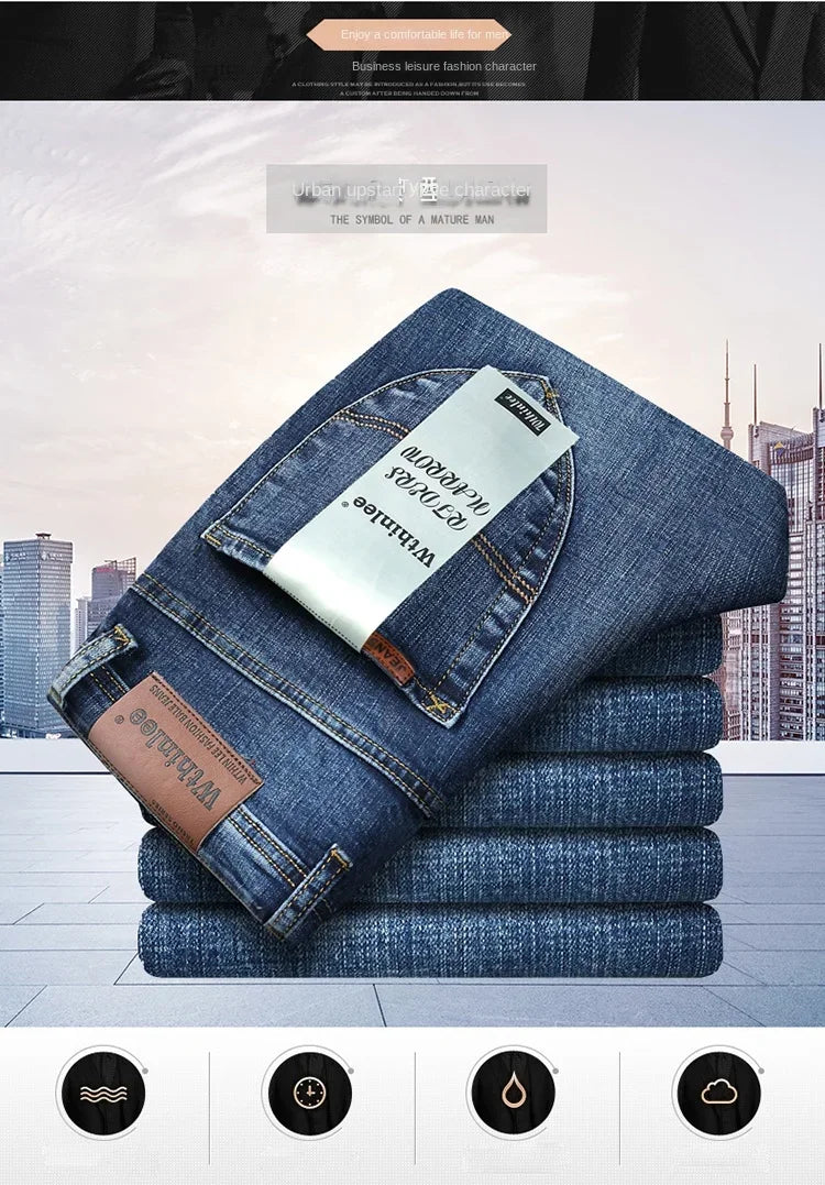 WTHINLEE Business Herren Jeans Casual Straight Stretch Mode Klassische Blaue Arbeits-Denim-Hosen Herren Markenbekleidung Größe 28-40