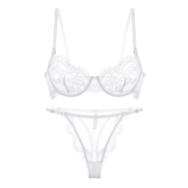 Sexy dünne Spitzen-Dessous-Slips Sets Damen große Größen BHs mit Stahlring durchsichtiges Unterwäsche-Set BH-Set