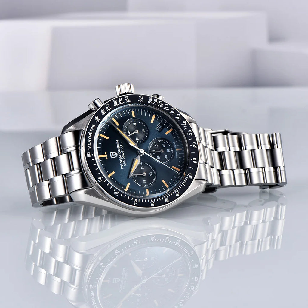 Neue PAGANI DESIGN Moon Men Uhr Retro-Luxus-Quarzuhren für Herren Edelstahl Sport wasserdicht Chronograph Herren+Mit BOX