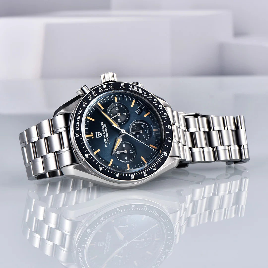 Neue PAGANI DESIGN Moon Men Uhr Retro-Luxus-Quarzuhren für Herren Edelstahl Sport wasserdicht Chronograph Herren+Mit BOX