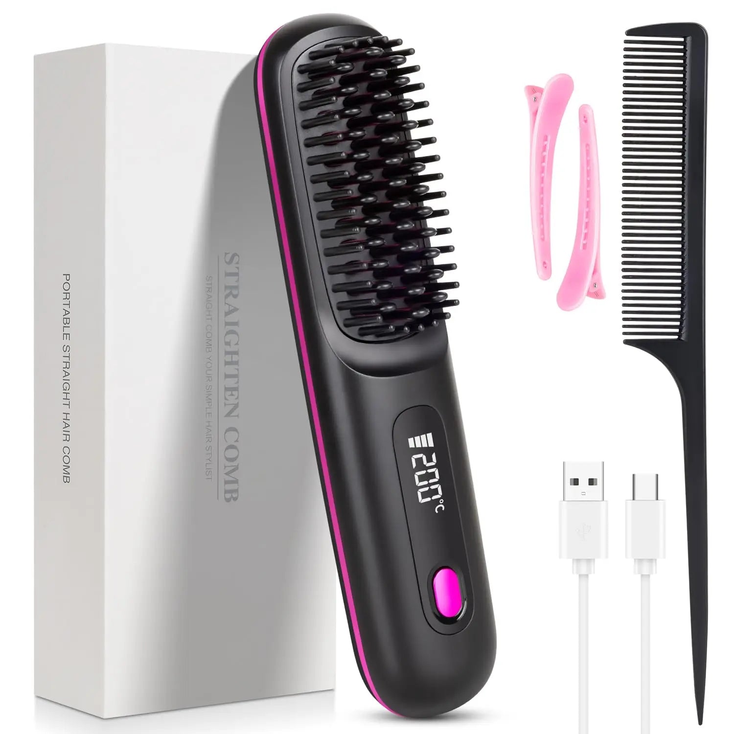 USB Charging Portable Hair Straightener Brush, Cordless Straightening Comb LED Display & Ceramic Coating, Ionic Technology Hauptbild