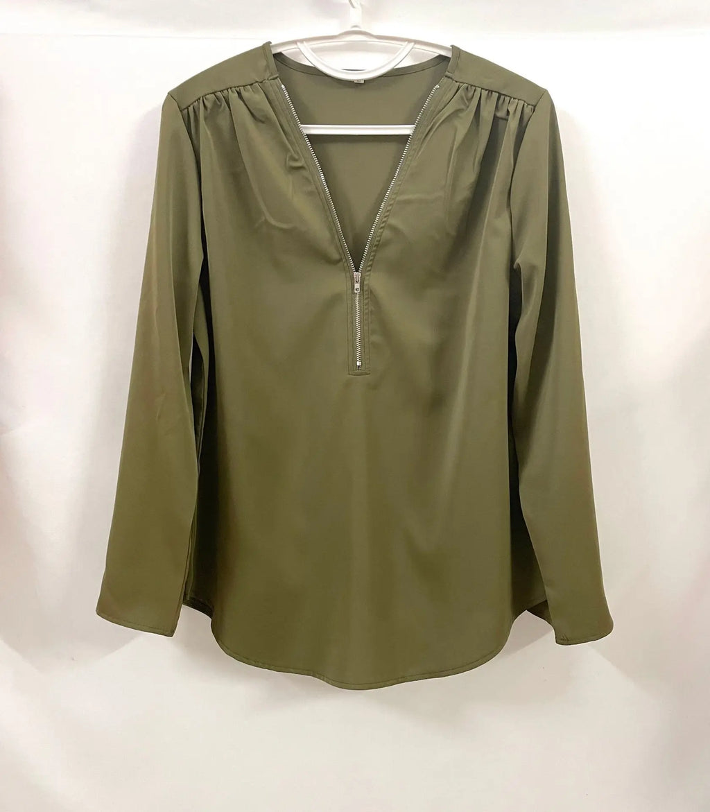 2024 Qualität Heißer Verkauf Plus Size Tiefer V-Ausschnitt Damenbluse Chiffon Coole lockere Hemd Mode Freizeit Damen Tops Sexy Reißverschluss Pullover