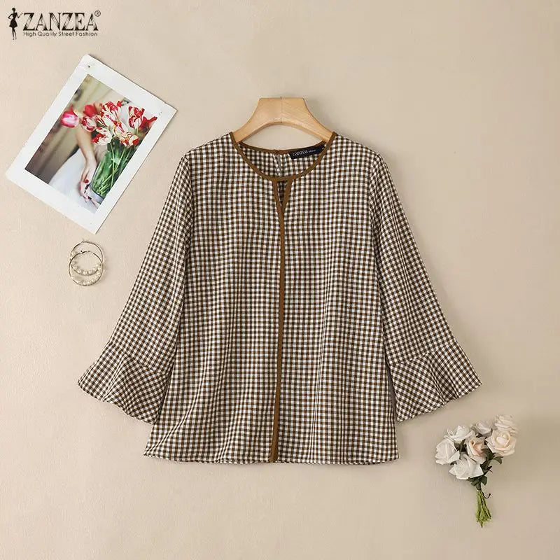 ZANZEA Damen Sommer Plaid Patchwork Bluse 3/4 Glockenärmel Cut Out Tops Lässiges lockeres Hemd Retro Chemise Damen Arbeitsblusen