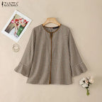 ZANZEA Damen Sommer Plaid Patchwork Bluse 3/4 Glockenärmel Cut Out Tops Lässiges lockeres Hemd Retro Chemise Damen Arbeitsblusen