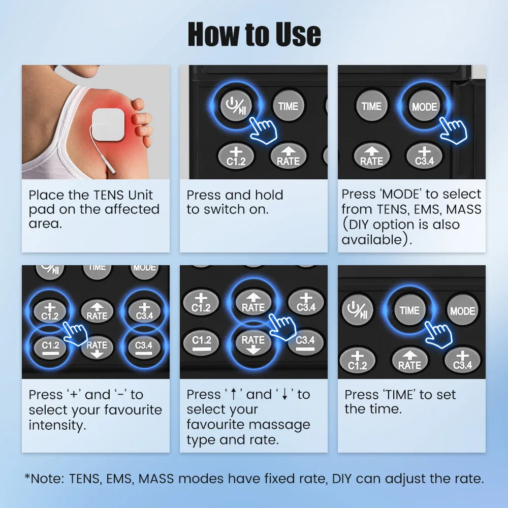 Digital TENS EMS Unit 4-Channel Tens Electrostimulator Rechargeable Muscle Stimulator with 20 Intensity Levels for  Pain Relief
