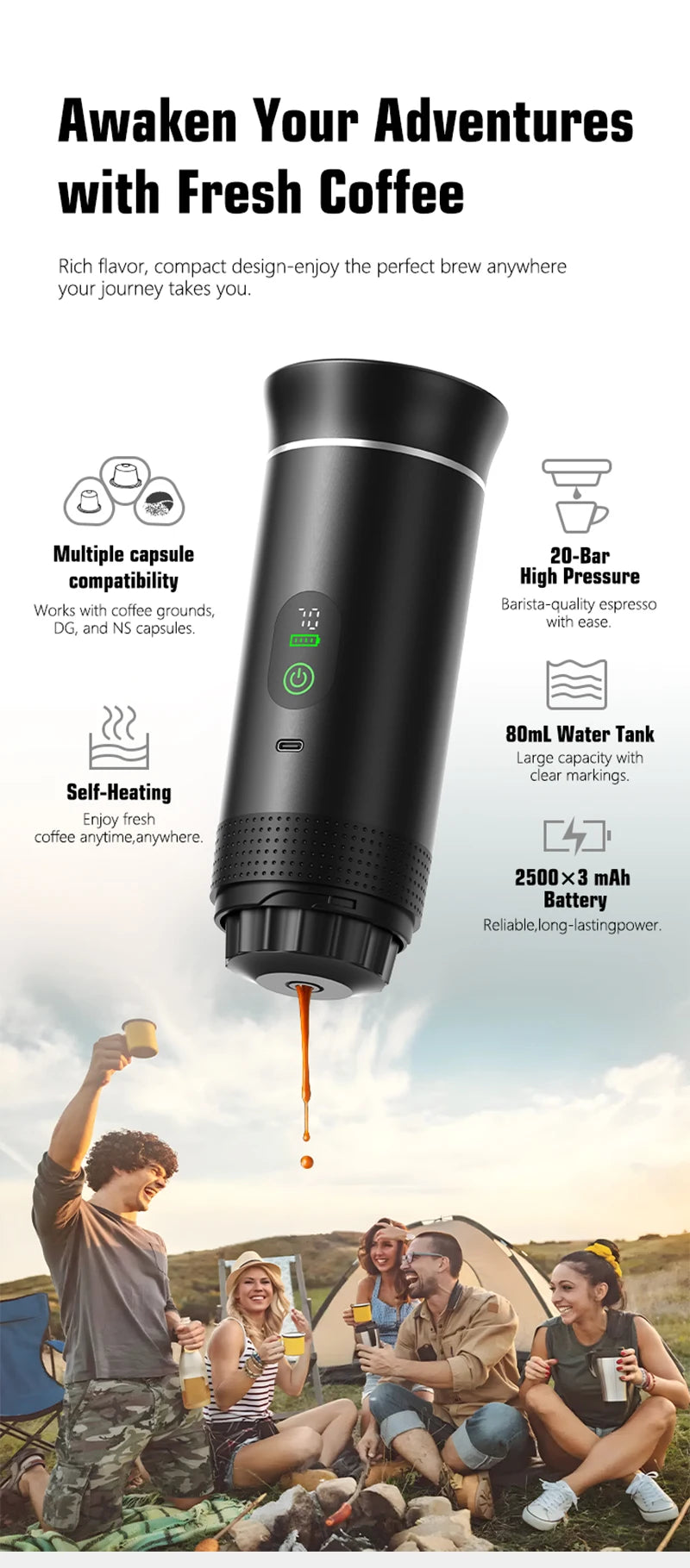 DENOKIN Tragbare Espresso-Kaffeemaschine mit Digitalanzeige, 3-in-1 Kapsel-Kaffeemaschine für Auto & Zuhause, Camping-Kaffeemaschine