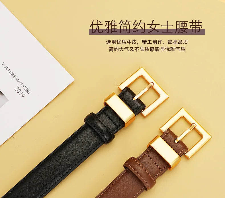 Ladies leather belt; cowhide versatile decoration for suit waist belt; retro simple high-end black ins style denim belt.
