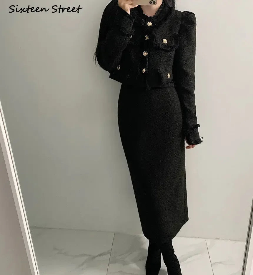 Beige Tweed Jacke + High Waisted Röcke Damen Winter Goldener Knopf 2-Teiler Woll Luxus Vintage Röcke Sets Herbst