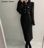 Beige Tweed Jacke + High Waisted Röcke Damen Winter Goldener Knopf 2-Teiler Woll Luxus Vintage Röcke Sets Herbst