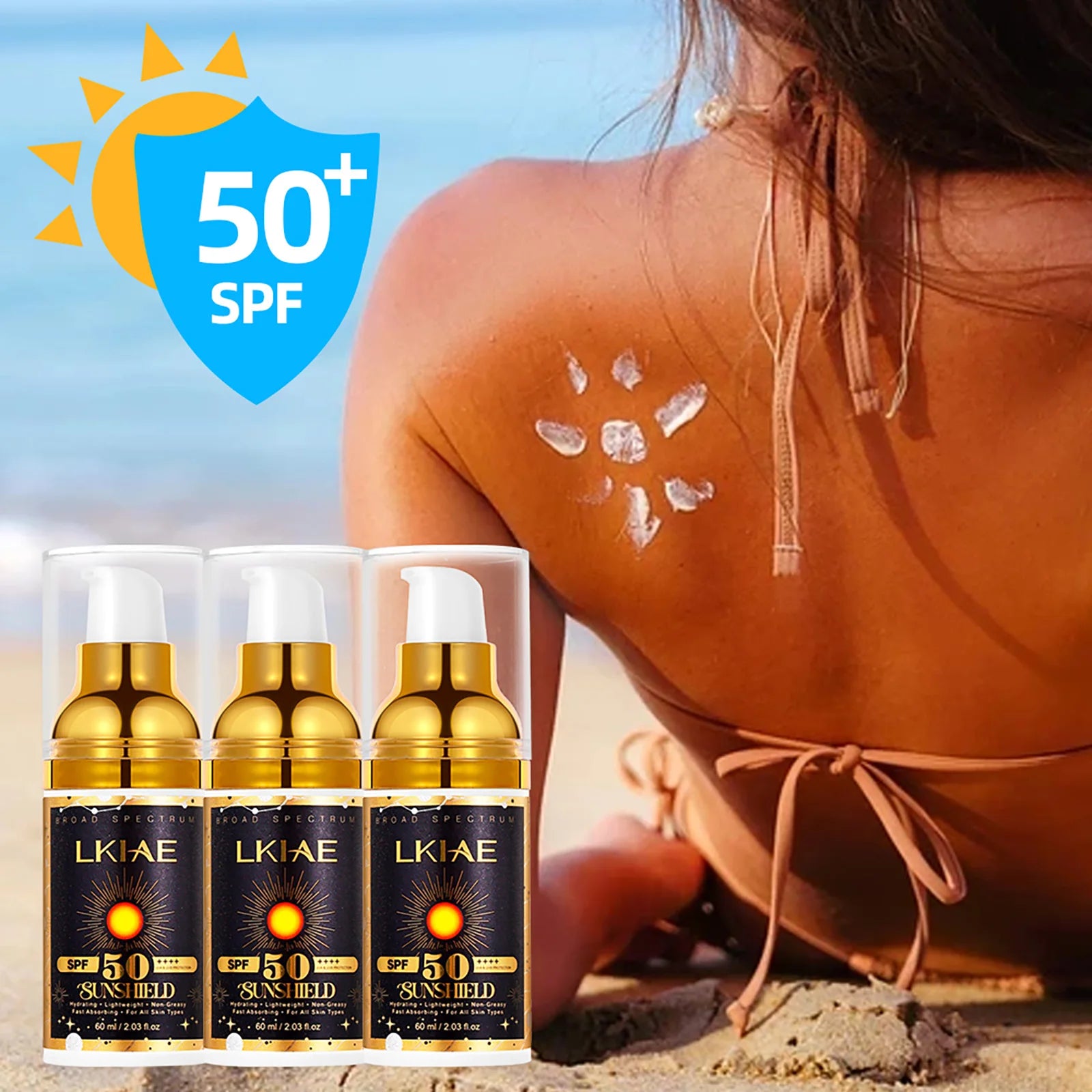 LKIAE Sonnencreme, Breitspektrum LSF 50, UVA/UVB, leicht & nicht fettend, Sonnenschutz, für Gesicht, Körper, nicht komedogen, 60ml