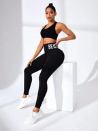 Europäische und amerikanische nahtlose Yoga-Leggings mit Bund-Schriftzug, Po-Lifting, schnelltrocknende, atmungsaktive Damen-Tights für den Sport