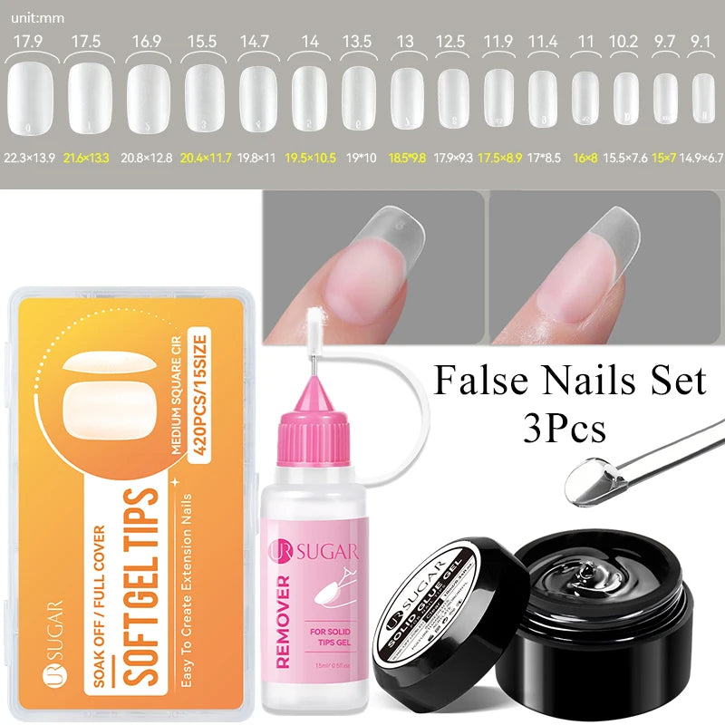 UR SUGAR 3tlg. Künstliche Nägel Set mit 420Stk. matten Soft Gel Tips Solid Glue Gel Entferner Schnelles Nagelverlängerungs-Kit Nagelpflege Starter-Set