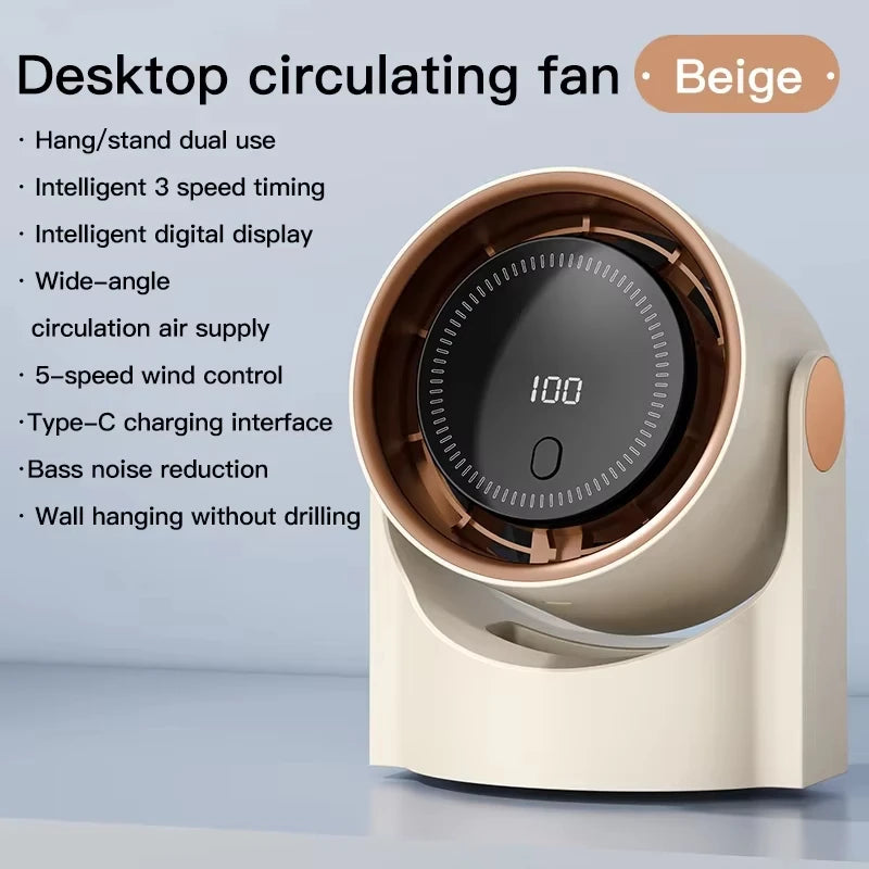 100 Stufen Lüfterloser Ventilator Tragbar Klein USB-Aufladung Leiser Desktop Digitalanzeige Hochgeschwindigkeits-Umluftkühlventilator