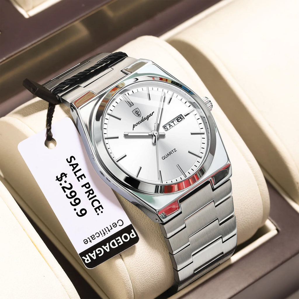 POEDAGAR Luxus Herrenuhren Wasserdicht Leuchtende Datumsanzeige Wochentag Herrenuhr Edelstahl Casual Mode Quarz Herren Armbanduhr Reloj