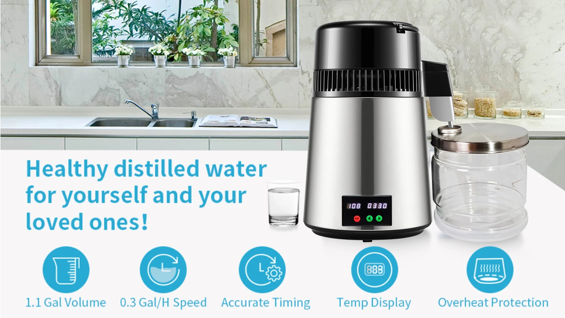 750W 4L Wasser-Destilliergerät Haushalt Destilliertes Reinwassergerät Destillationsreiniger Filter Edelstahl Wasserfilter