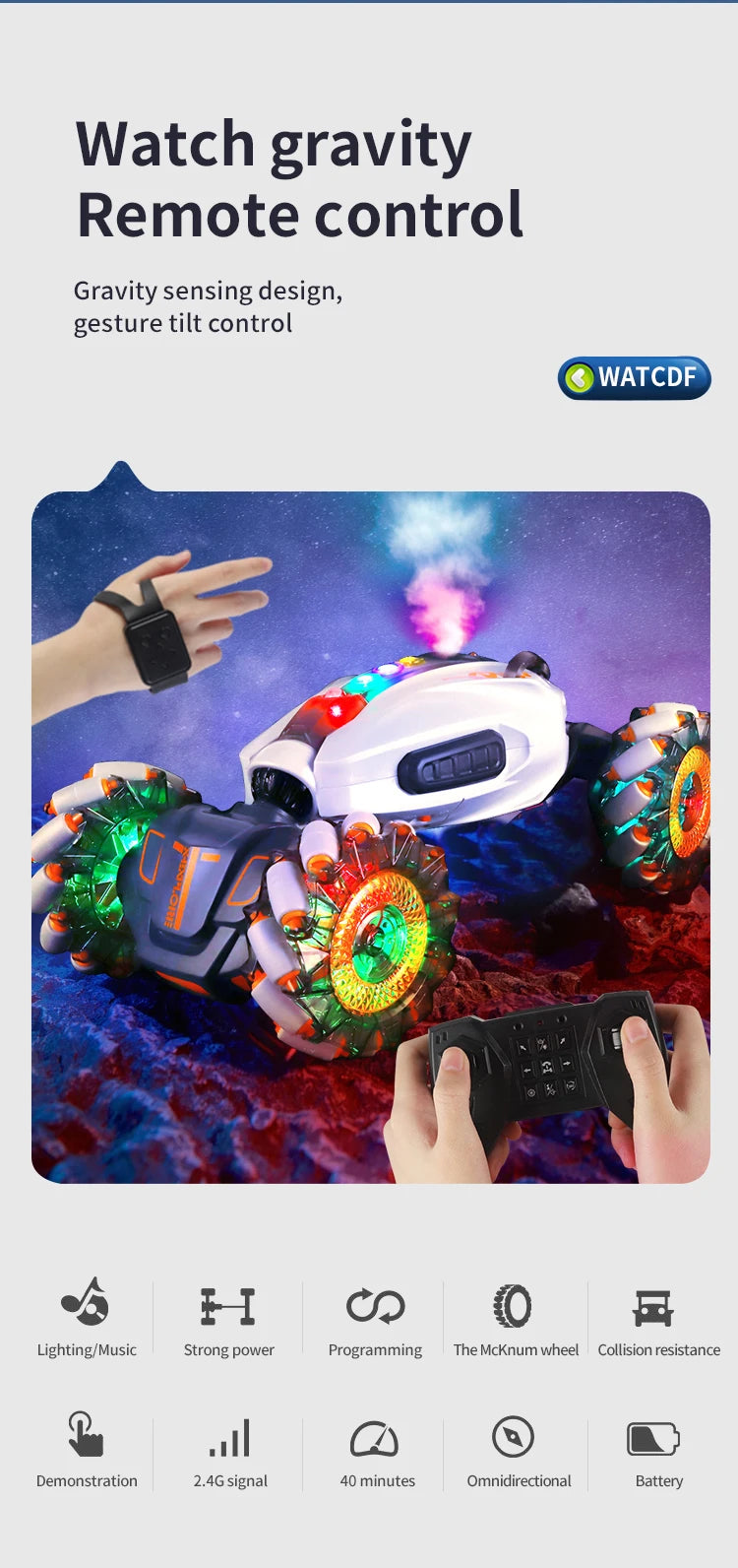 4WD RC Drift-Auto mit Musik, LED-Lichtern, 2.4G Gesten-Funkfernbedienung, Sprüh-Stunt-Auto, 360° drehbares Kletterauto, Spielzeuggeschenk