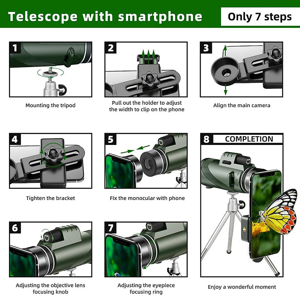 80x100 HD ZOOM Leistungsstarkes monokulares Teleskop Tragbares Fernglas Langstrecken-Teleskop Jagd Camping mit Stativ und Telefonclip