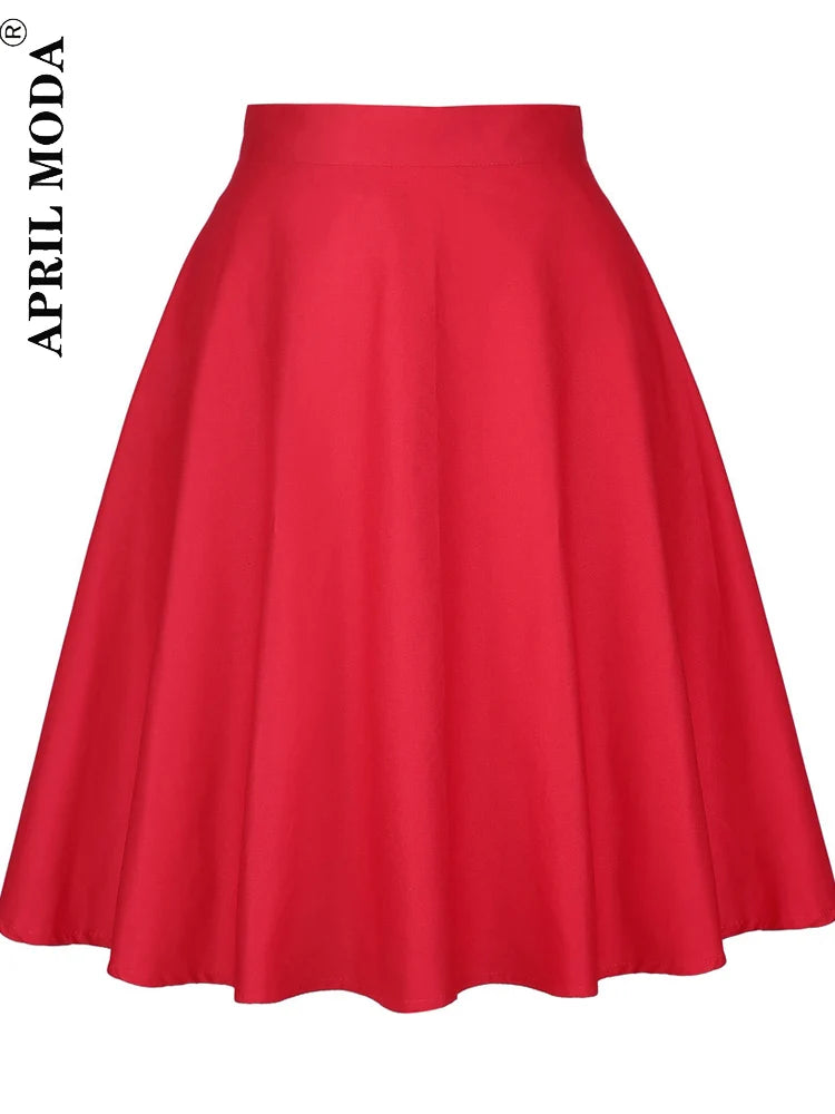 Damen-Laufsteg Baumwolle Retro Vintage Rock Schwarz Faldas High Waist A-Linie Rockabilly Jupe 50er Swing Tellerrock Pin Up Skater