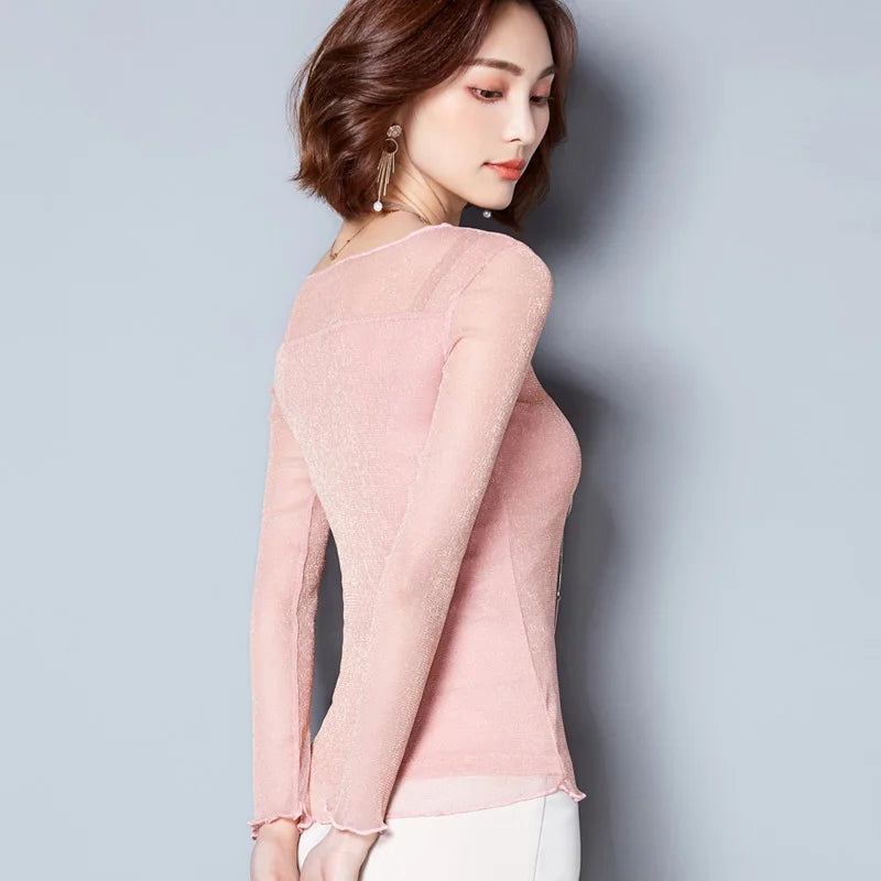Glitzer-Netzbluse Sexy Damen Shirts Langarm-Oberteile Koreanisch Schwarz Pink O-Neck Elegante Slim Bluse Camisas Femininas