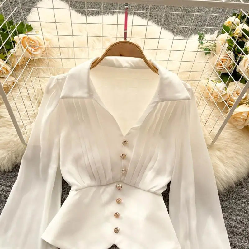 Weiße Freizeit Bluse mit Polokragen Knopfleiste Puffärmeln Geradem Schnitt für Damen Kurzarm Hemd Weibliche Kleidung Oberteile 2024 Mode
