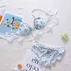 Besticktes Schleifen-Dessous-Set für Damen, japanisches süßes BH-Set, Triangel-Cup ohne Bügel, Studentenunterwäsche