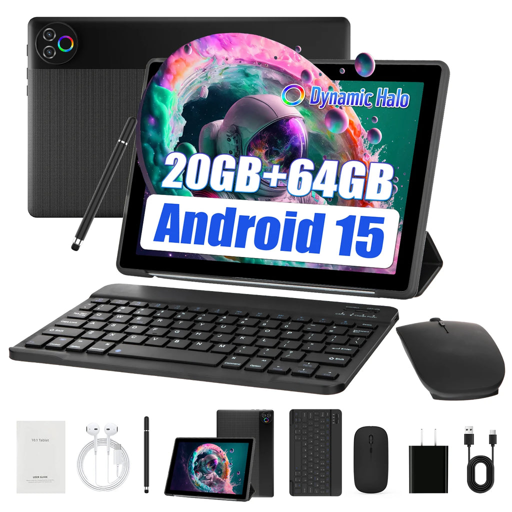URAO Android 15 Tablet 10,1 Zoll 20GB RAM 64GB ROM 5-Kern Dual Kamera Tablets PC Set Tastatur/Hülle/Maus/Stylus/Kopfhörer