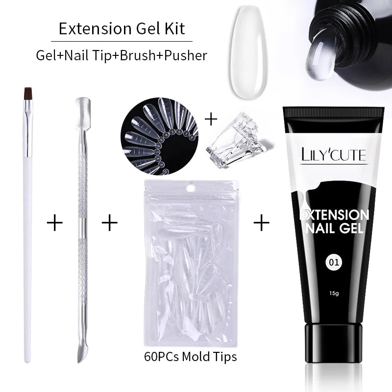LILYCUTE 15ml Verlängerungsgel-Nagellack-Set Quick Nail Prolong mit Verlängerungsform-Nagelspitzen Acryl-Lösung Maniküre-Werkzeug-Kit