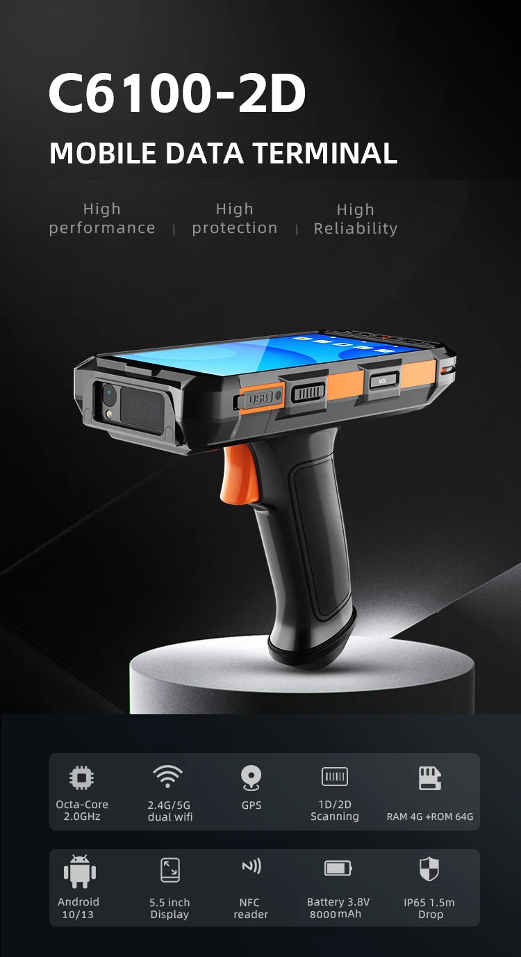 5,5 Zoll tragbares Handheld Android 13 PDAs RFID-Lesegerät Scanner Robustes Handheld Barcode-Lesegerät mit 8000mAh 64GB Octa Core WiFi NFC