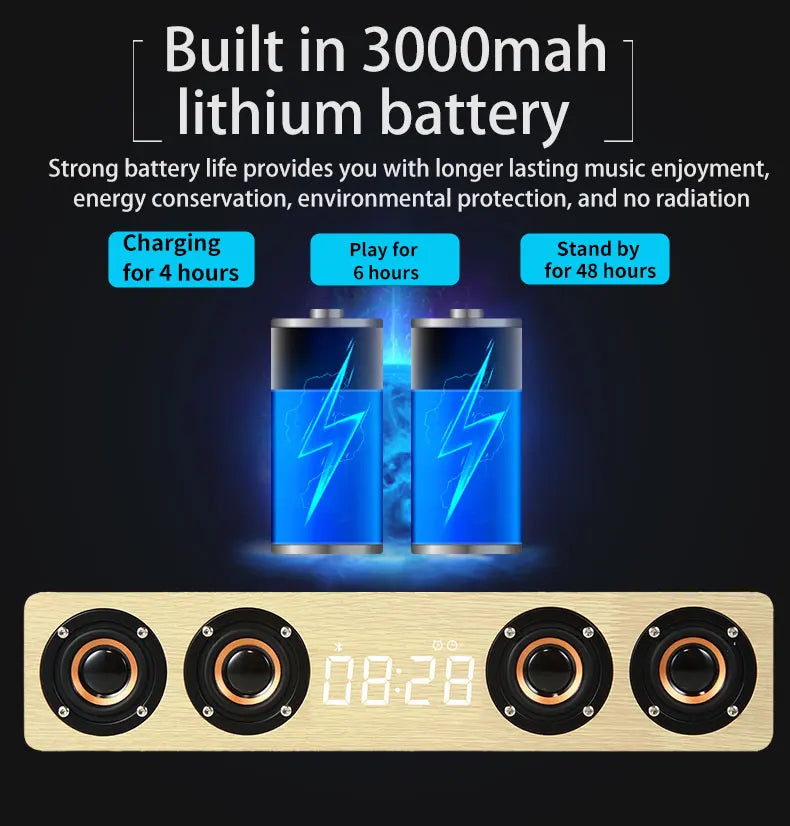 Domars Wireless Bluetooth 5.0 Speakers Wooden Alarm Clock Display Sound System Player with AUX TF FM Radio Subwoofer Box