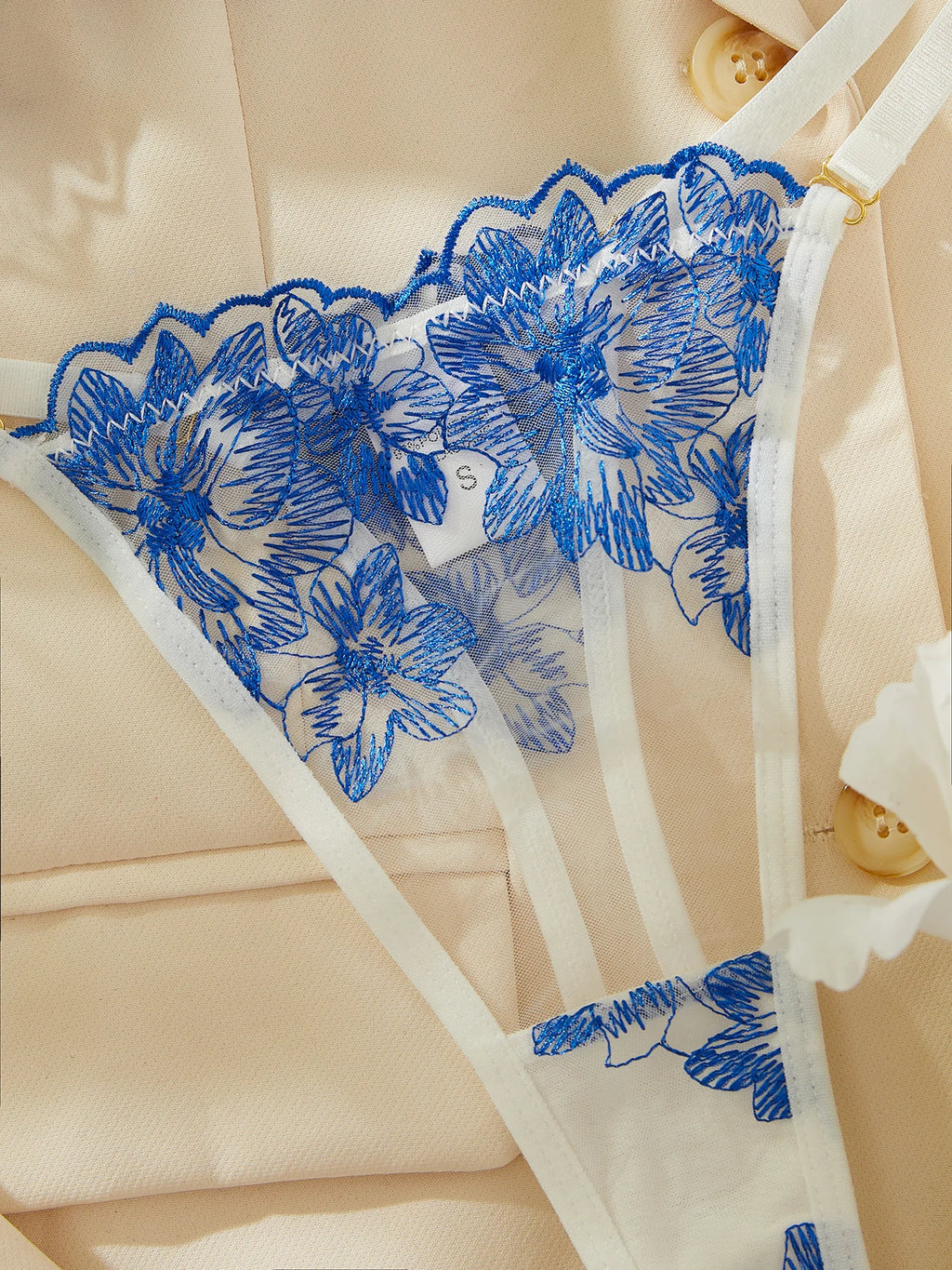 Blaues Dessous-Set Spitze Stickerei BH Panty 2-teilig Transparenter Tüll Fantasy Unterwäsche für Damen